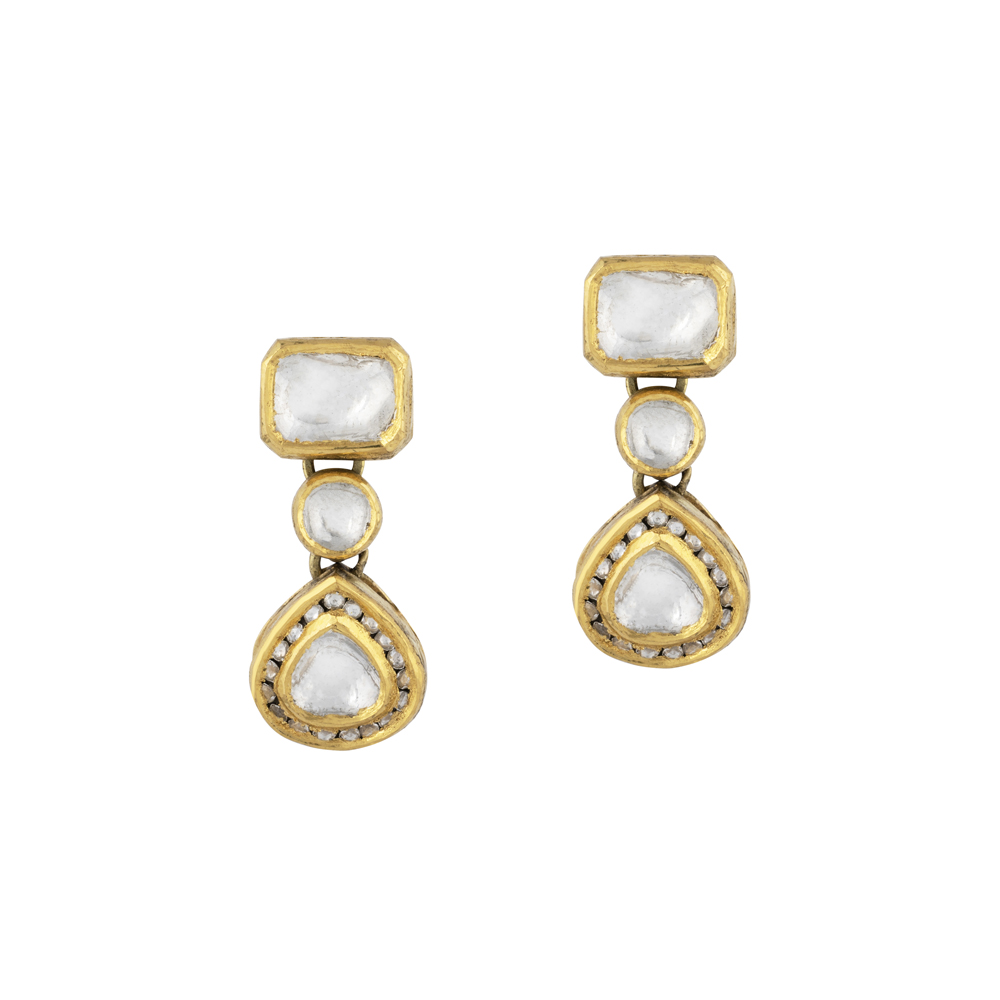 Geometric Polki Earrings with Square, Round & Teardrop Polki